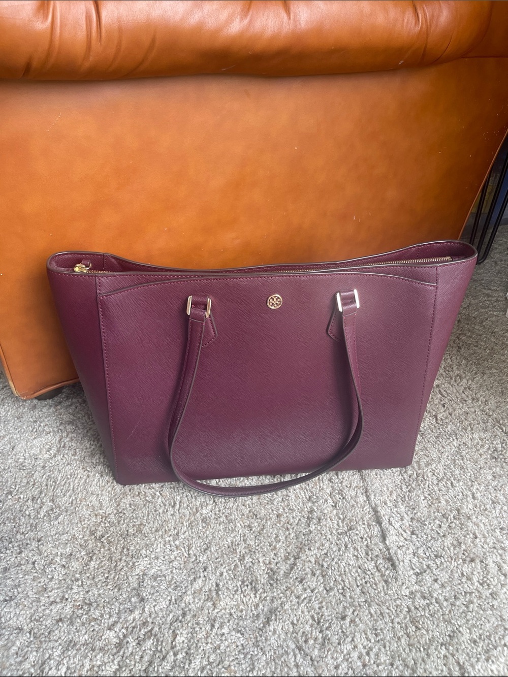 Tory Burch Wine Saffiano Leather Tote with Gold Logo